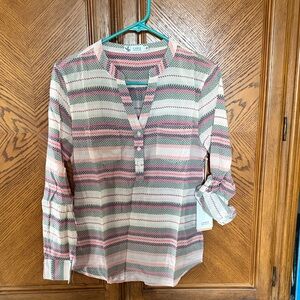 Carve Designs Striped Button Henley Blouse in Pink, Green & Cream size XXS